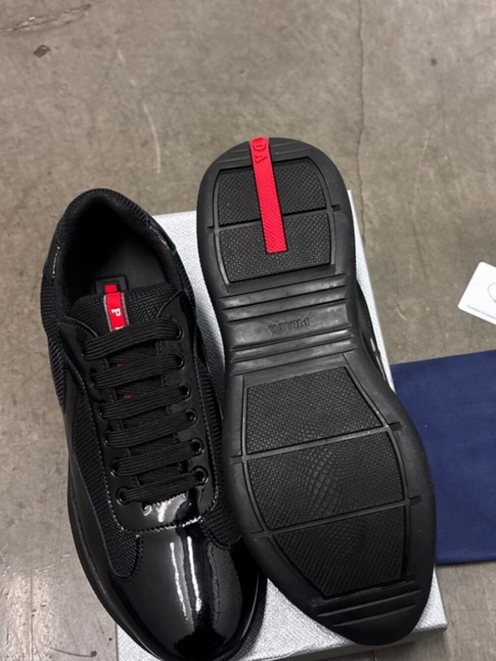 Prada patent leather black low top sneakers with red tongue tab - Picture 3 of 4
